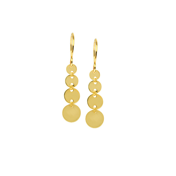 14K Solid Gold Dangle Disk Ear Fish Hook Earrings